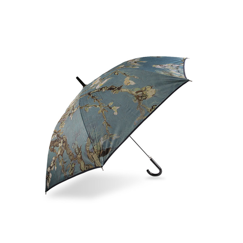 Impresión de pintura de paisaje Pongee con paraguas recto revestido negro-0E6B0080